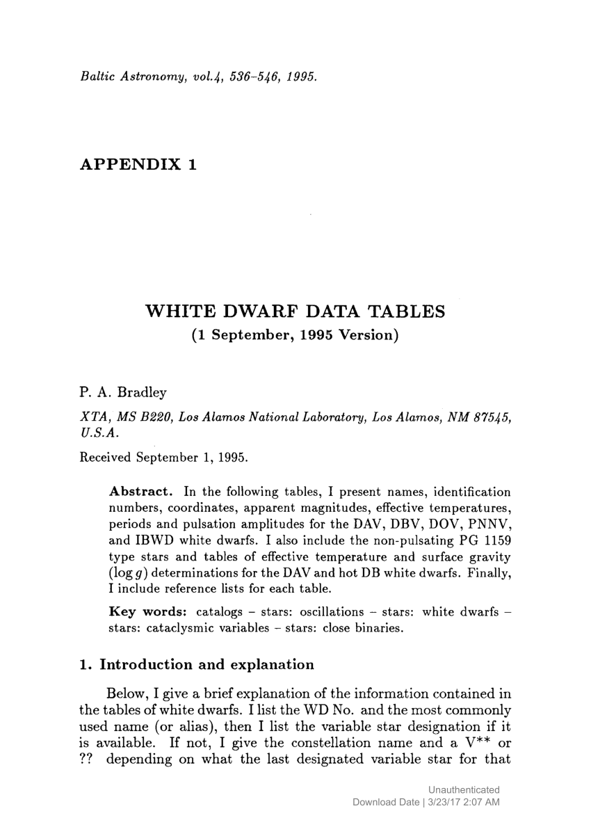 Pdf White Dwarf Data Tables