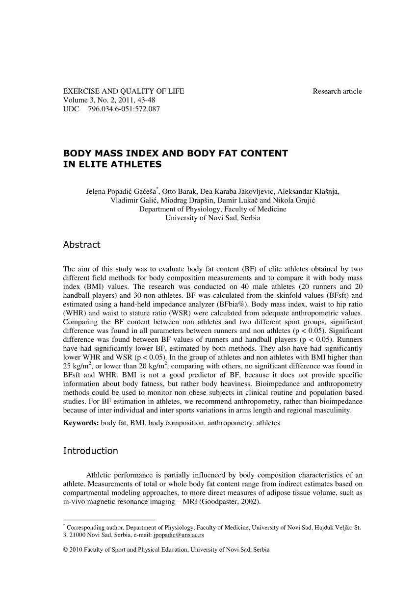 Pdf Body Mass Index And Body Fat Content In Elite Athletes