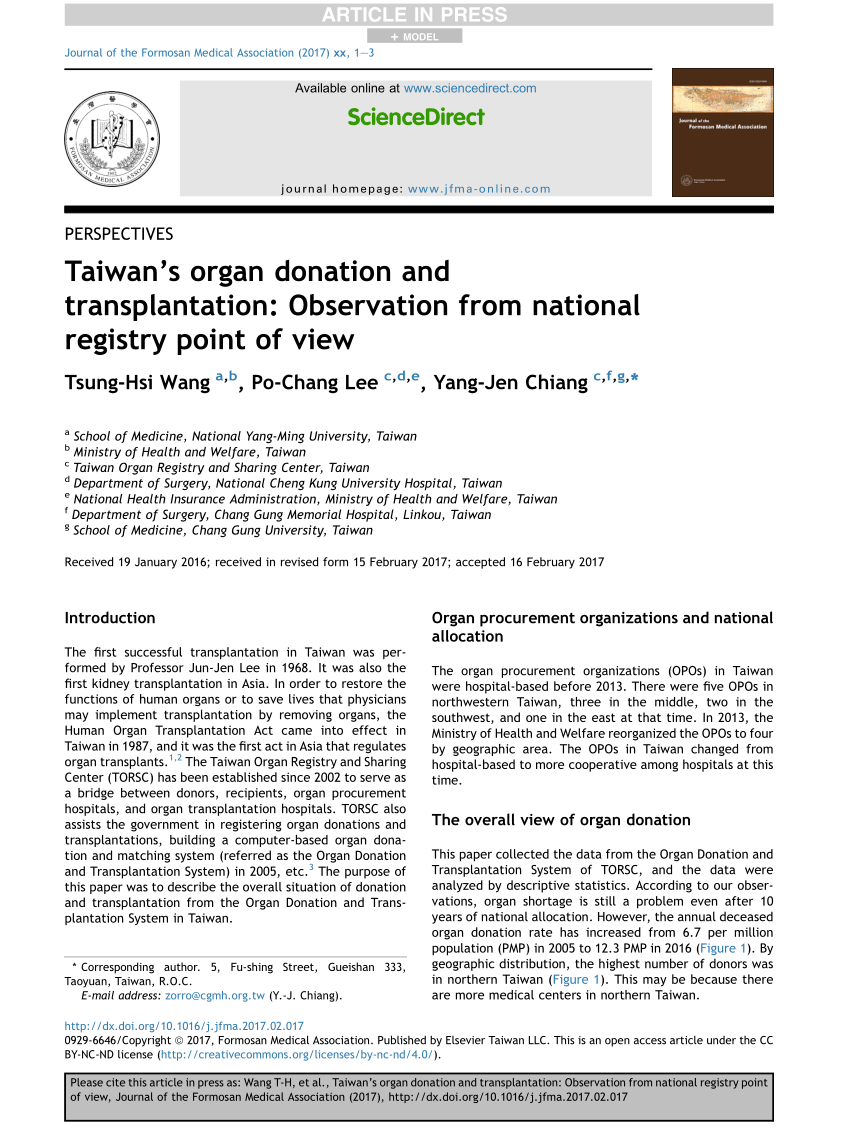 Pdf Taiwan S Organ Donation And Transplantation Observation From National Registry Point Of View
