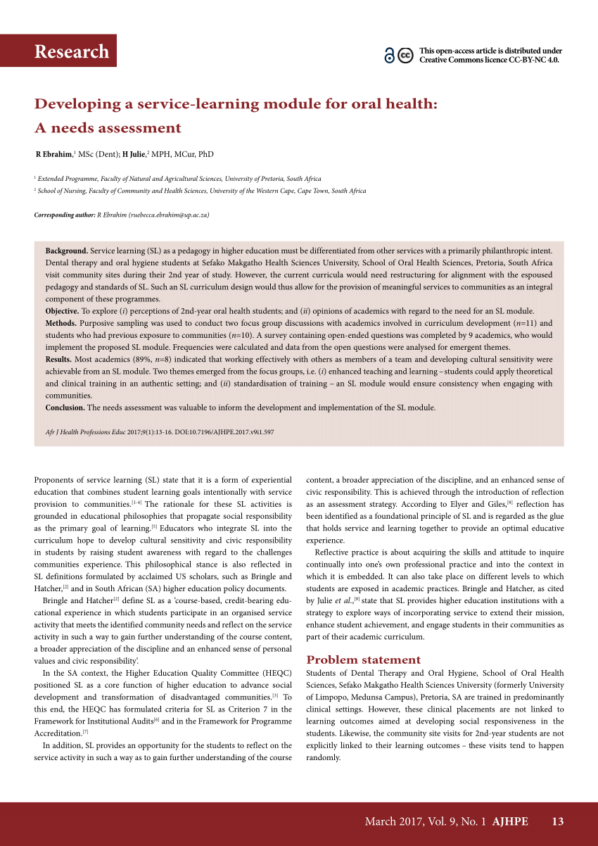 Pdf Developing A Service Learning Module For Oral Health A Needs Assessment 5895