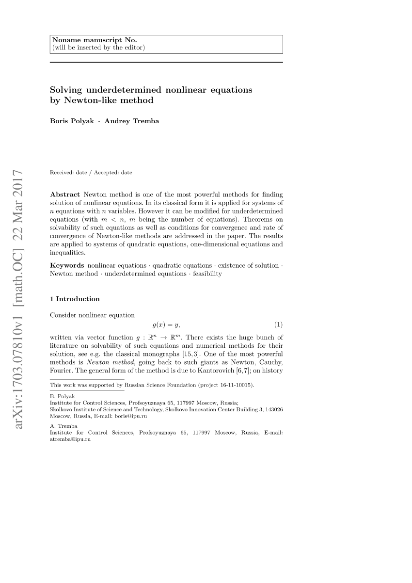 Pdf Solving Underdetermined Nonlinear Equations By Newton Like Method