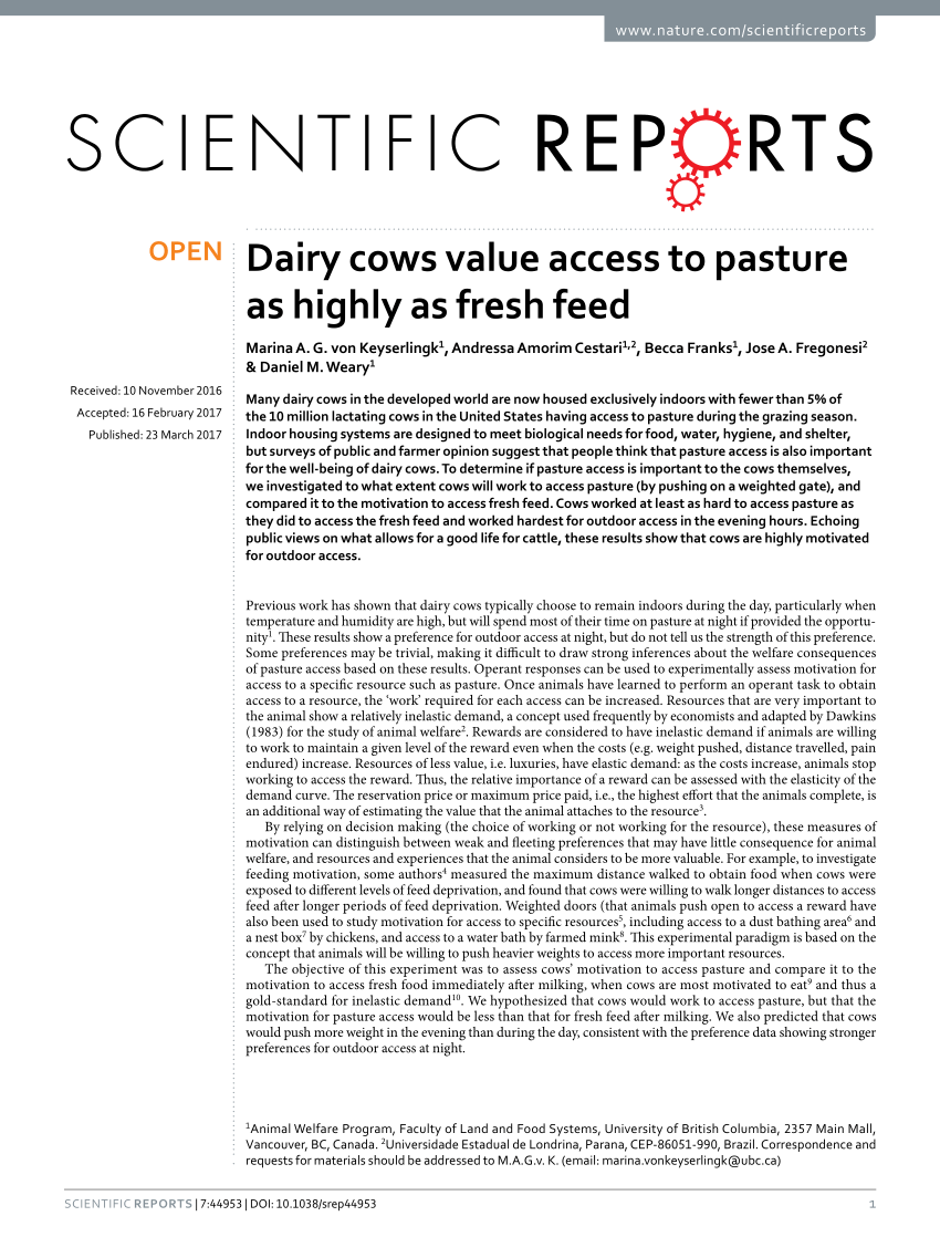 (PDF) Dairy cows value access to pasture as highly as fresh feed