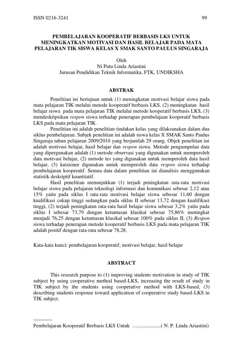 Pdf Pembelajaran Kooperatif Berbasis Lks Untuk Meningkatkan