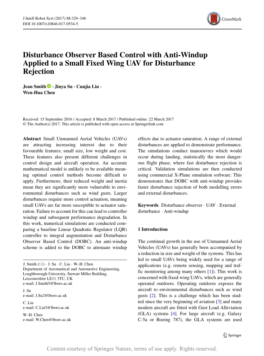 Pdf Disturbance Observer Based Control With Anti Windup Applied To A Small Fixed Wing Uav For Disturbance Rejection