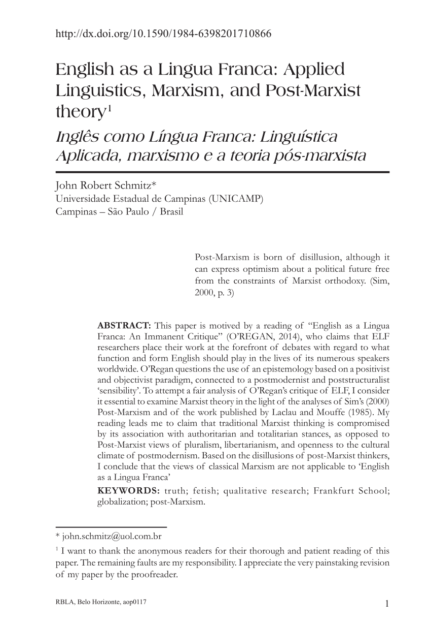 (PDF) English as a Lingua Franca: Applied Linguistics, Marxism, and