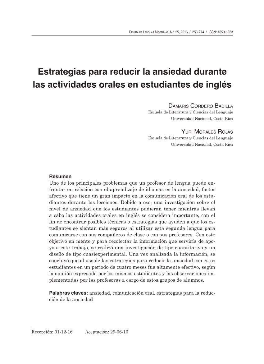 Pdf Estrategias Para Reducir La Ansiedad Durante Las Actividades Orales En Estudiantes De Ingles