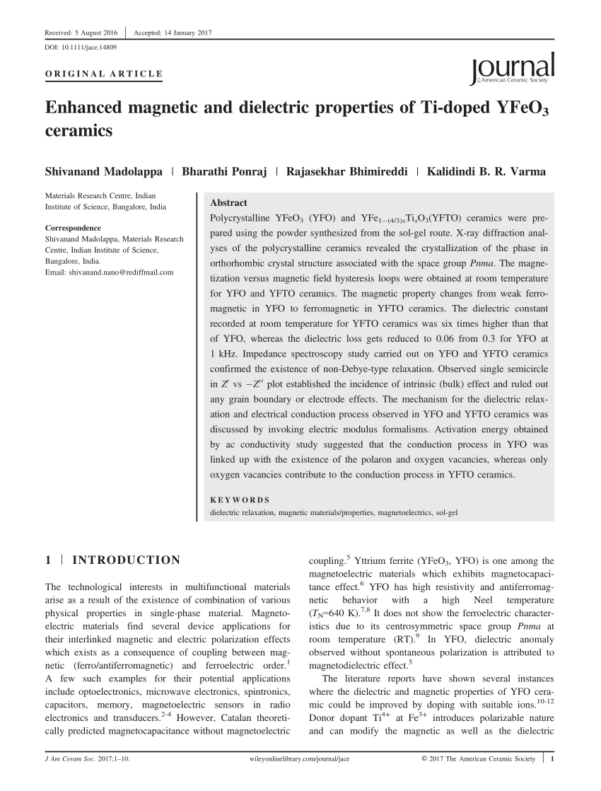 PDF) Enhanced magnetic and dielectric properties of Ti-doped YFeO 
