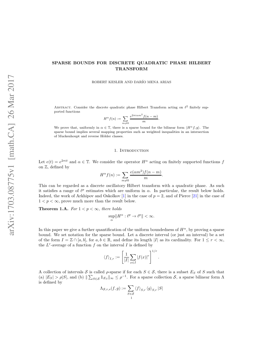 Pdf Sparse Bounds For Discrete Quadratic Phase Hilbert Transform