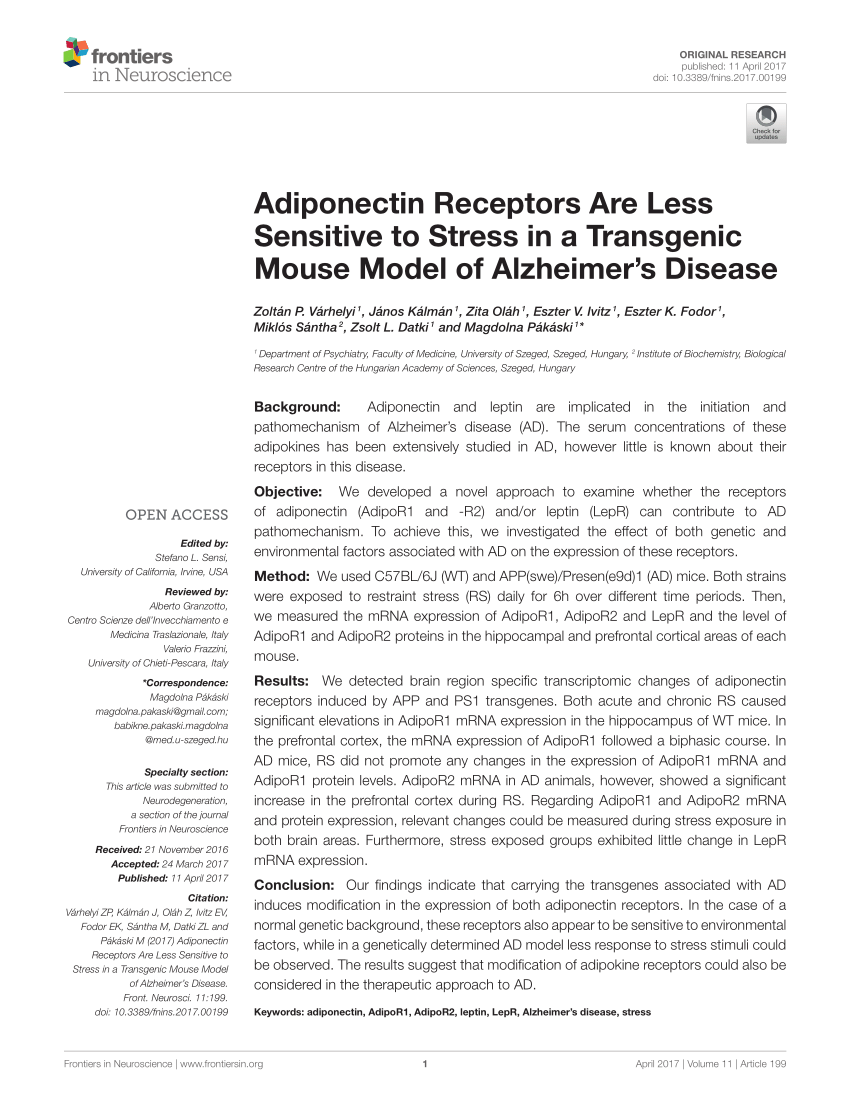 PDF) Adiponectin Receptors Are Less Sensitive to Stress in a 