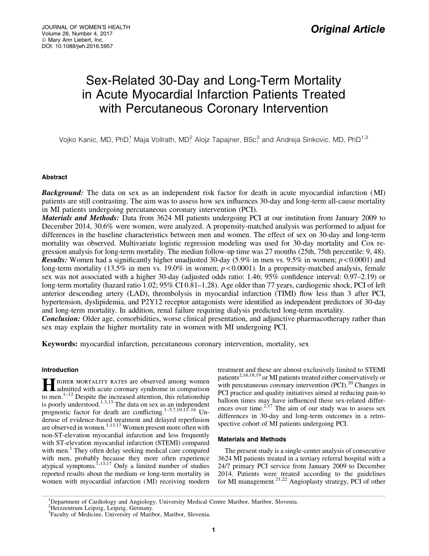 Pdf Sex Related 30 Day And Long Term Mortality In Acute Myocardial Infarction Patients Treated 