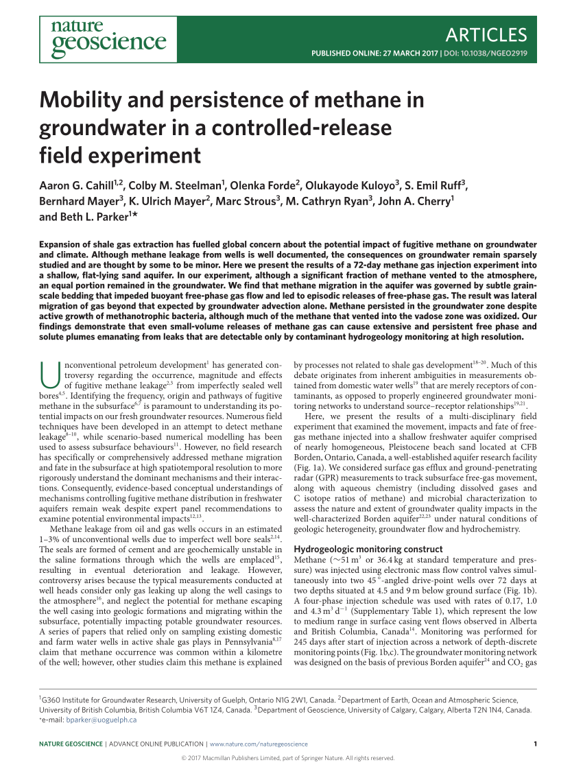 Pdf Mobility And Persistence Of Methane In Groundwater In A