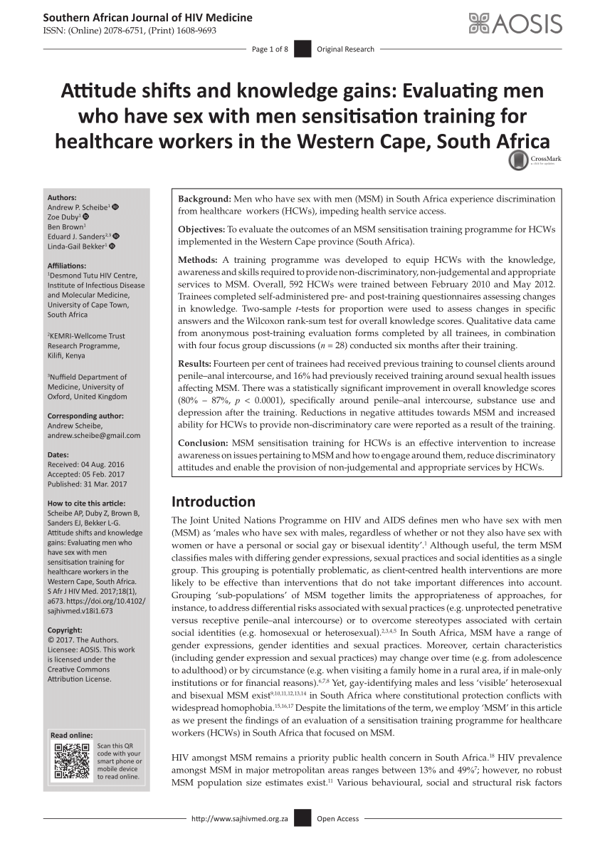 PDF) Attitude shifts and knowledge gains: Evaluating men who have sex with  men sensitisation training for healthcare workers in the Western Cape,  South Africa