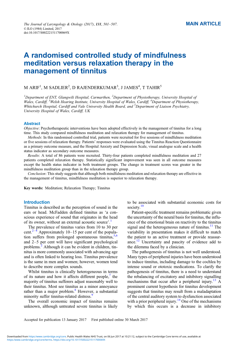Pdf A Randomised Controlled Study Of Mindfulness Meditation Versus Relaxation Therapy In The Management Of Tinnitus