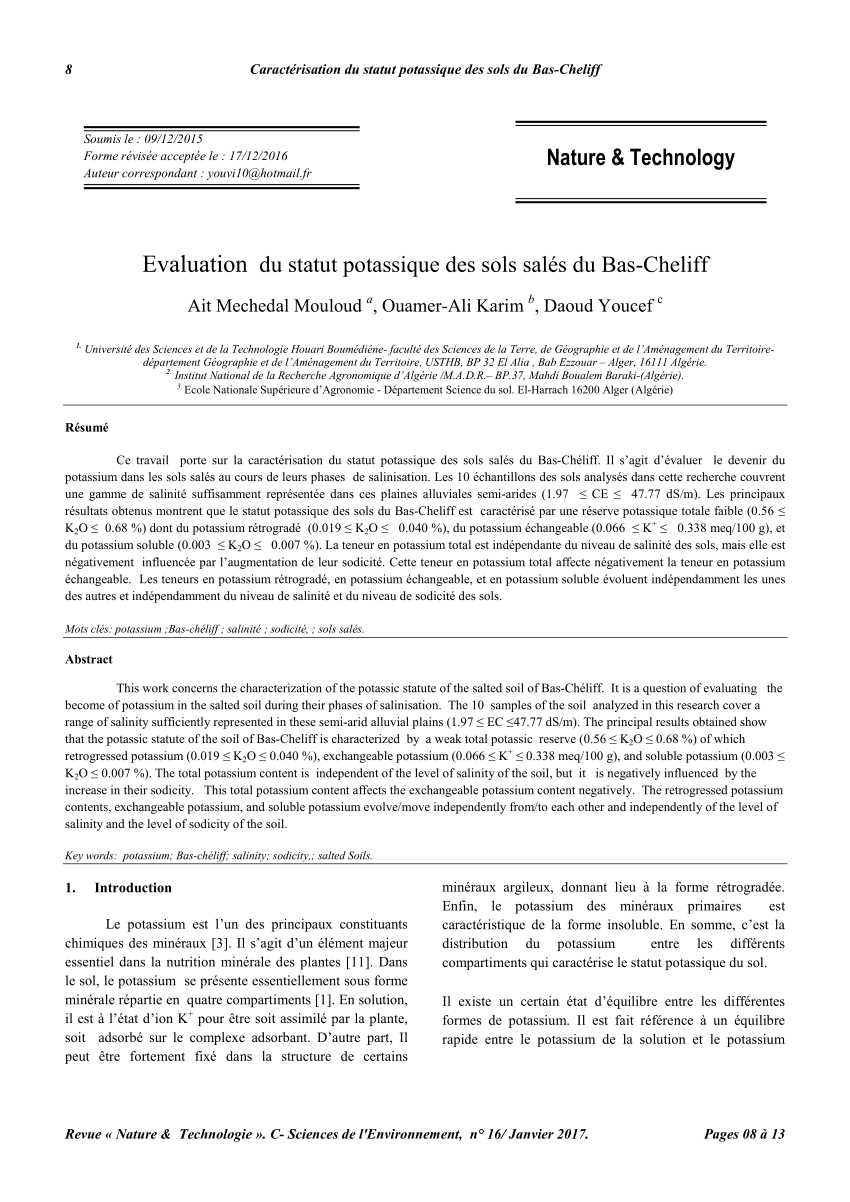 Pdf Evaluation Du Statut Potassique Des Sols Salés Du Bas