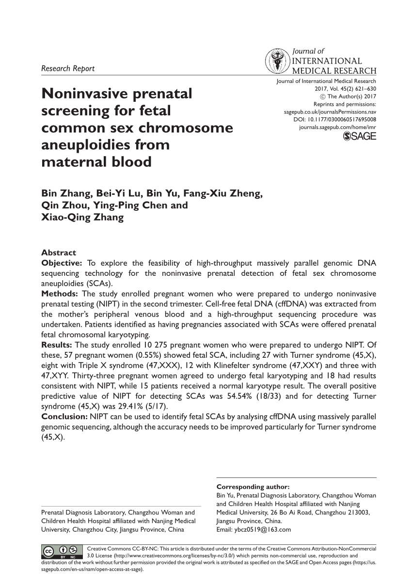 Pdf Noninvasive Prenatal Screening For Fetal Common Sex Chromosome