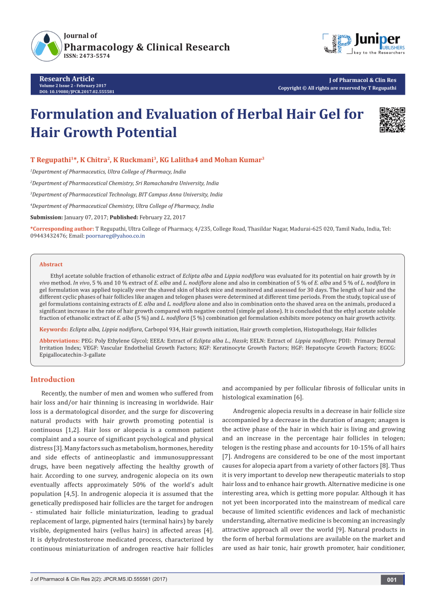 PDF) Formulation and Evaluation of Herbal Hair Gel for Hair Growth Potential