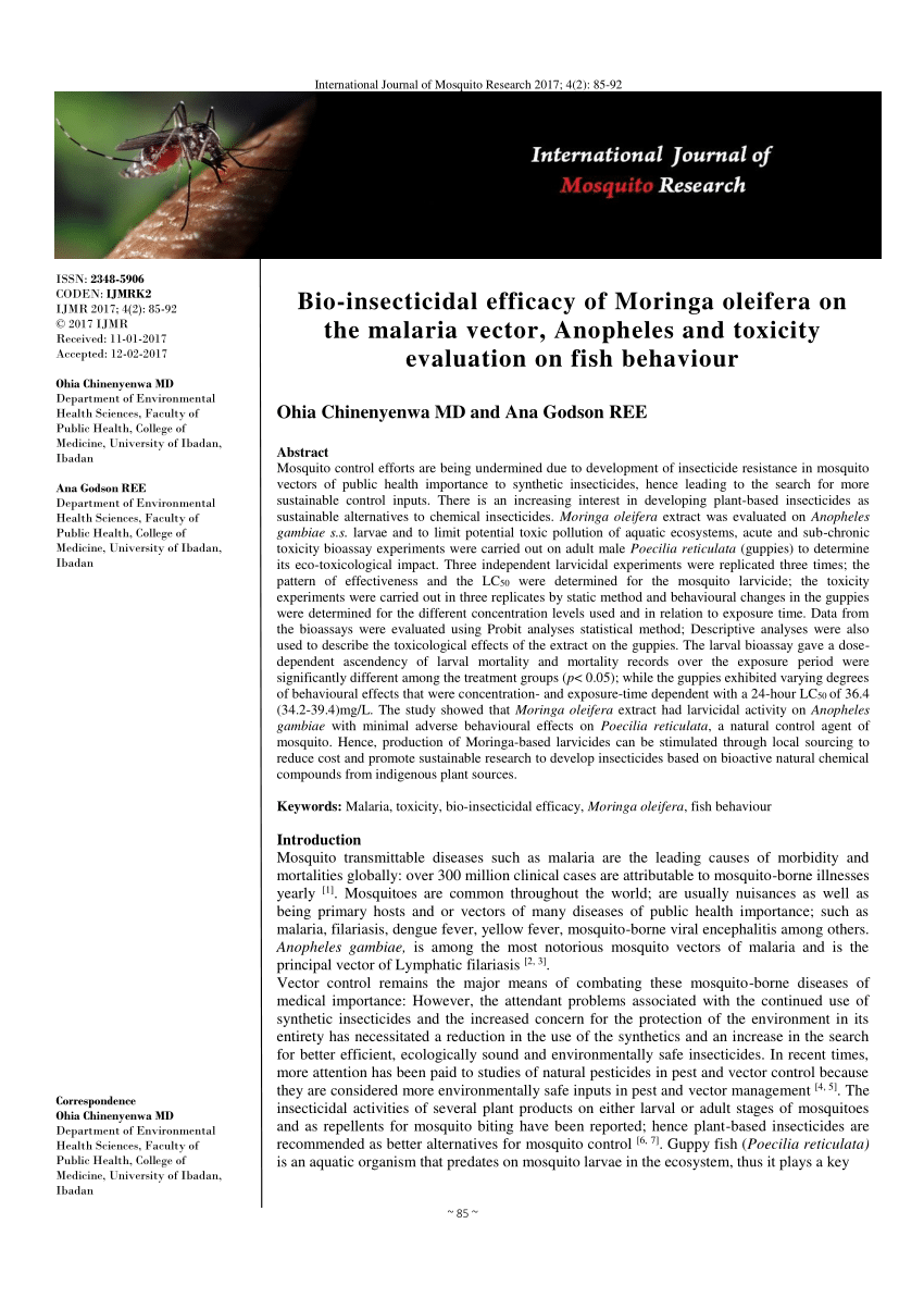 Pdf Bio Insecticidal Efficacy Of Moringa Oleifera On The Malaria Vector Anopheles And Toxicity Evaluation On Fish Behaviour