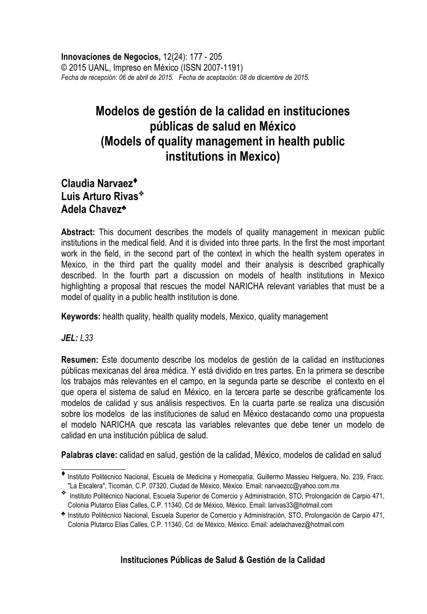 PDF) Modelos de gestion de la calidad en instituciones publicas de salud en  Mexico