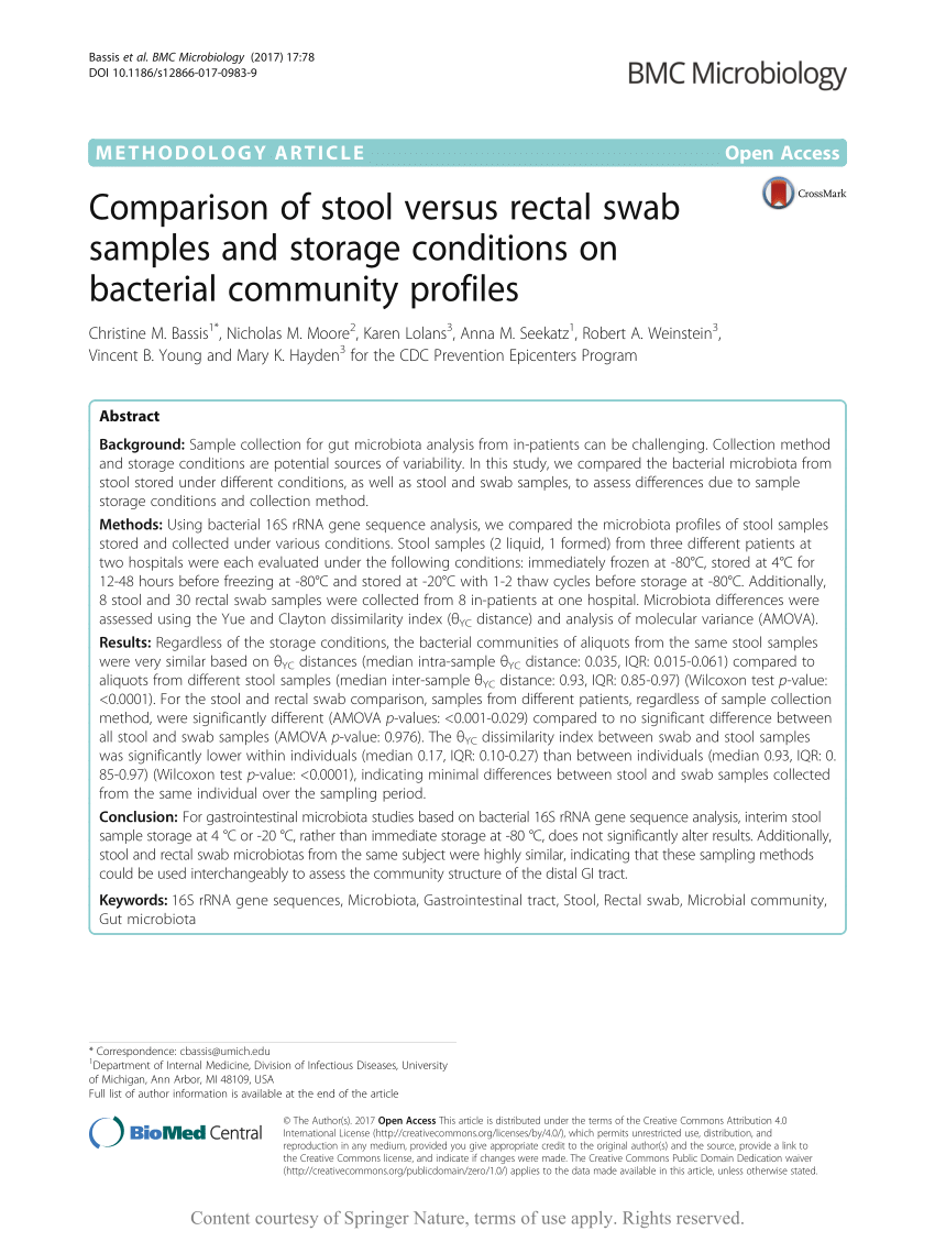 Pdf Comparison Of Stool Versus Rectal Swab Samples And Storage Conditions On Bacterial Community Profiles