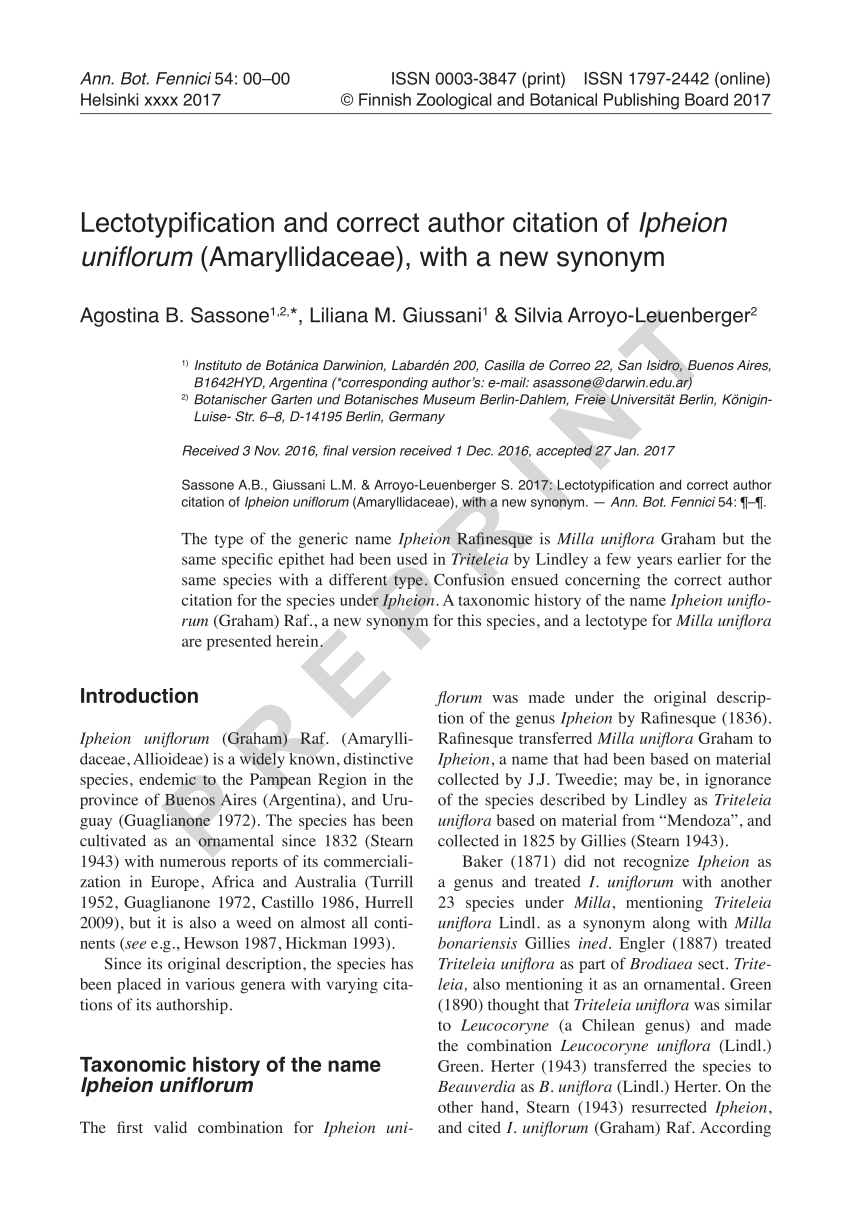 Pdf Lectotypification And Correct Author Citation Of Ipheion