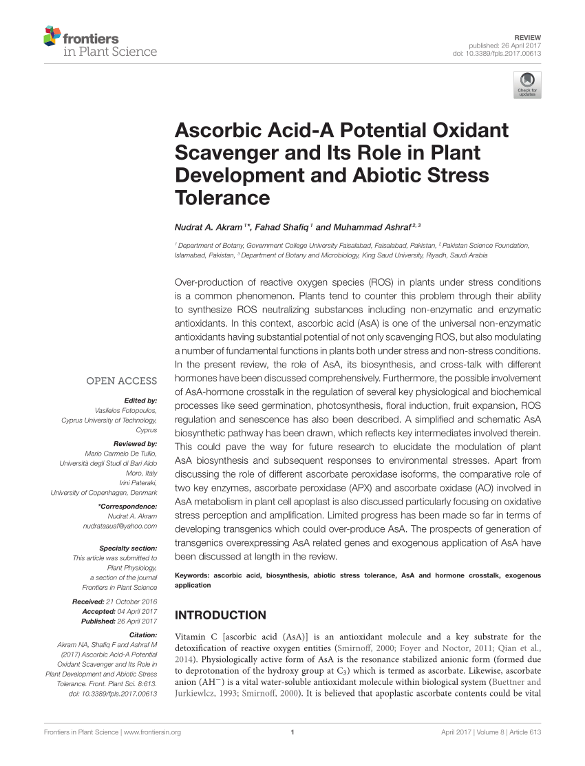 Pdf Ascorbic Acid A Potential Oxidant Scavenger And Its Role In Plant Development And Abiotic Stress Tolerance