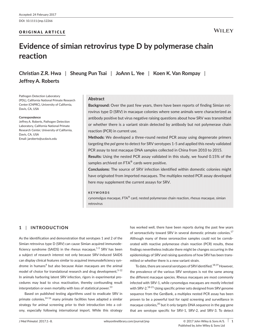 (PDF) Evidence of simian retrovirus type D by polymerase chain reaction