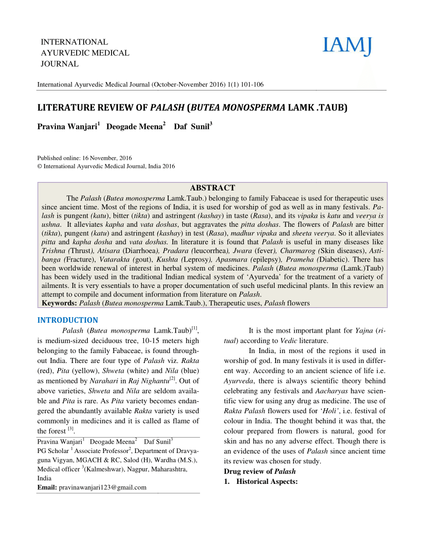 Pdf Literature Review Of Palash Butea Monosperma Lamk Taub