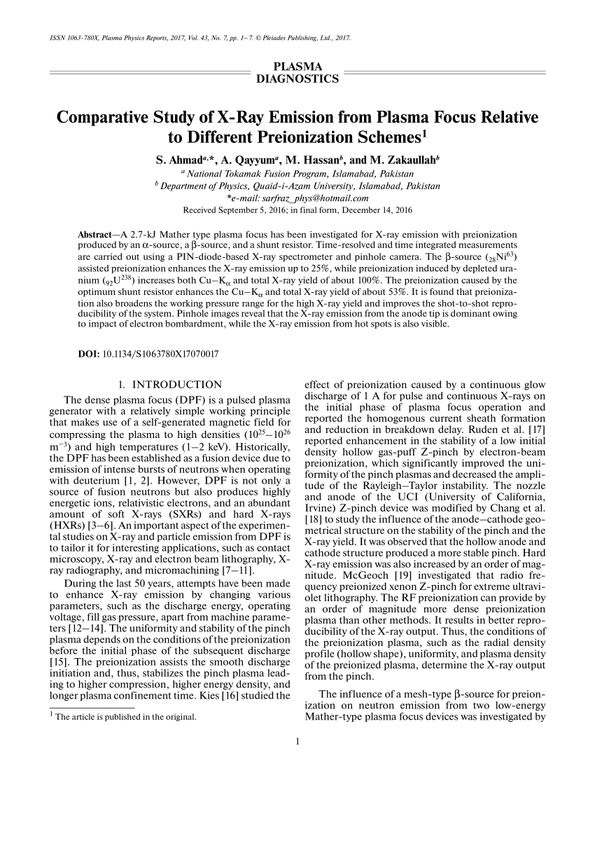 hektar Amorous Joke PDF) Comparative Study of X-Ray Emission from Plasma Focus Relative to  Different Preionization Schemes 1