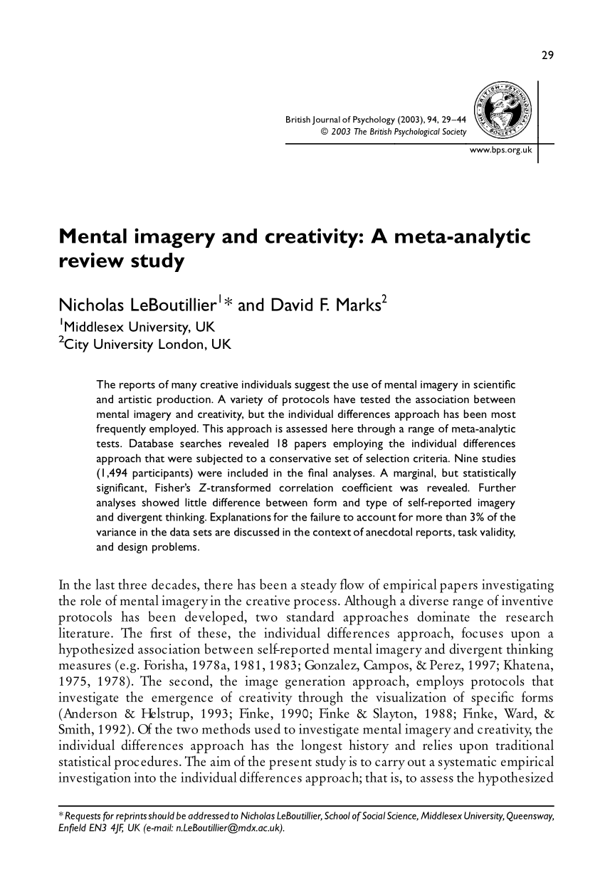 Pdf Mental Imagery And Creativity A Meta Analytic Review Study