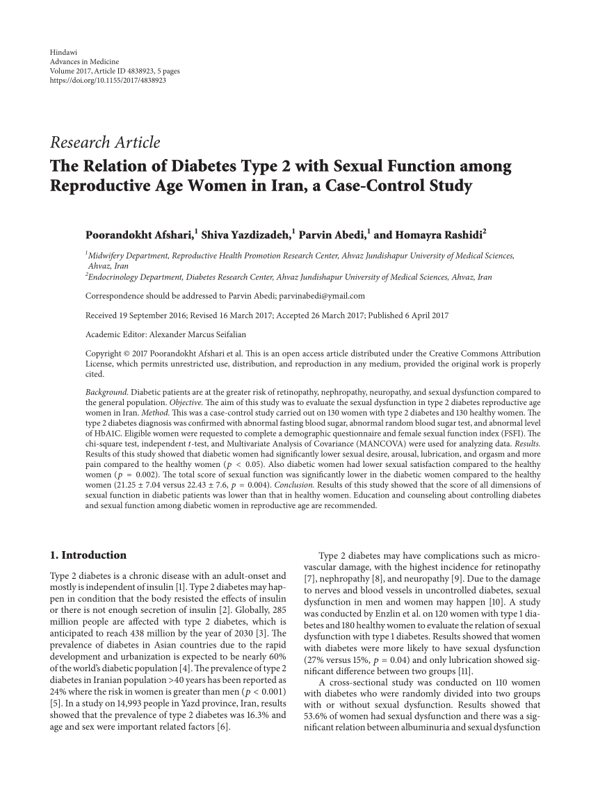 PDF The Relation of Diabetes Type 2 with Sexual Function among