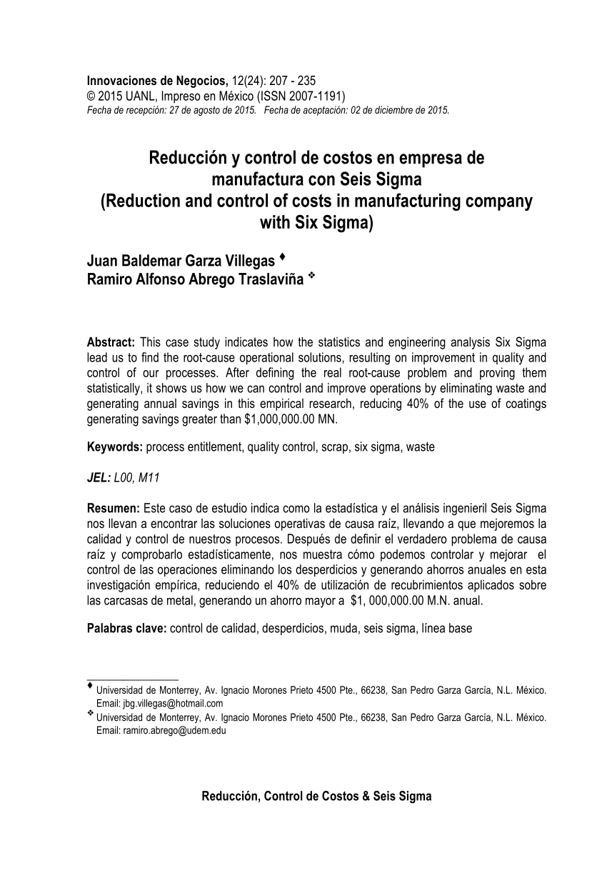 Pdf Reduccion Y Control De Costos En Empresa De Manufactura Con Seis Sigma Reduction And Control Of Costs In Manufacturing Company With Six Sigma