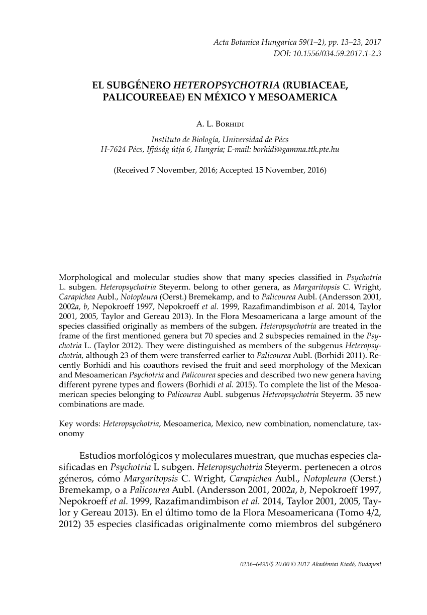 Pdf El Subgenero Heteropsychotria Rubiaceae Palicoureeae En Mexico Y Mesoamerica