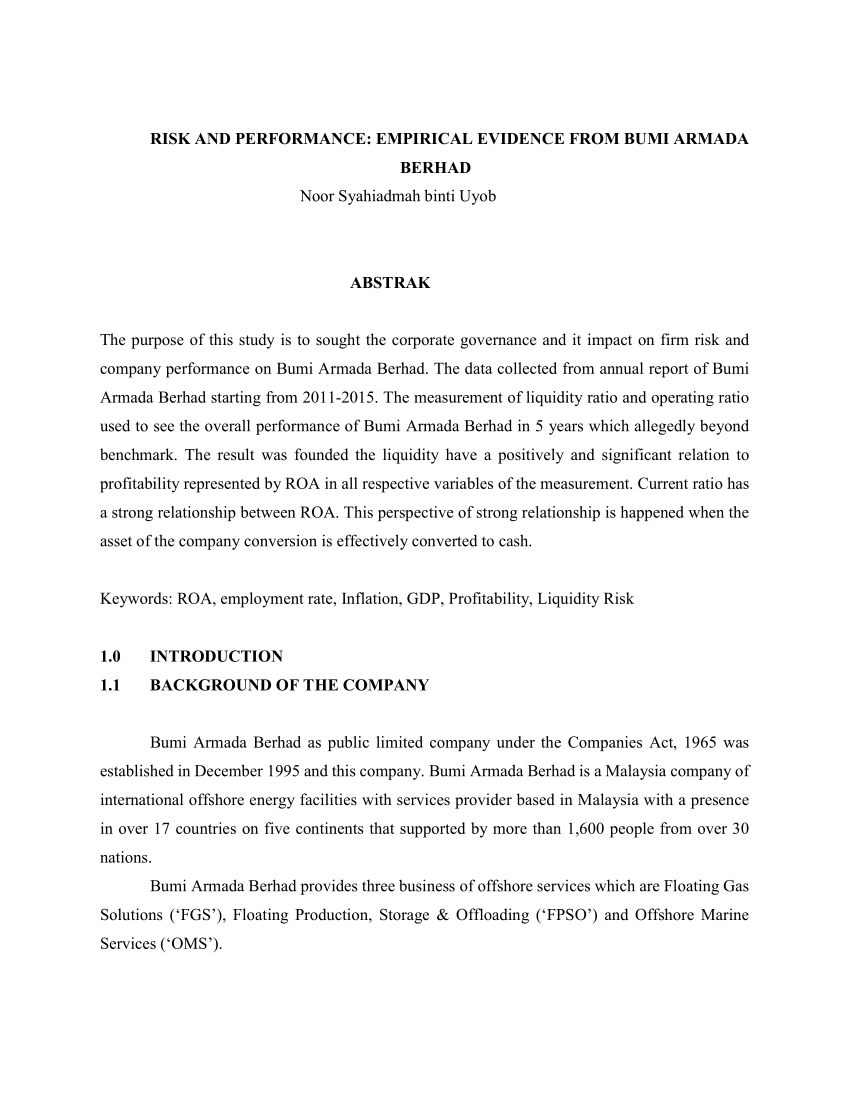 PDF RISK AND PERFORMANCE EMPIRICAL EVIDENCE FROM BUMI ARMADA BERHAD