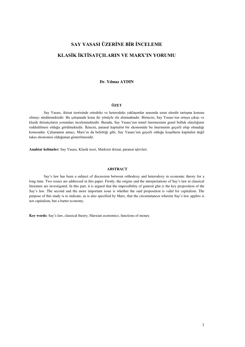 pdf say yasasi uzerine bir inceleme klasik iktisatcilarin ve marx in yorumu
