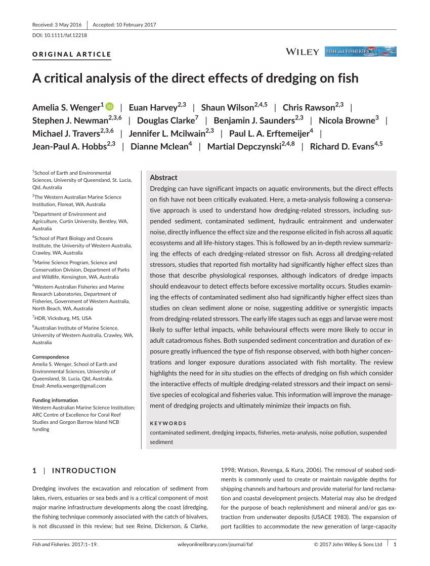 Pdf A Critical Analysis Of The Direct Effects Of Dredging On Fish