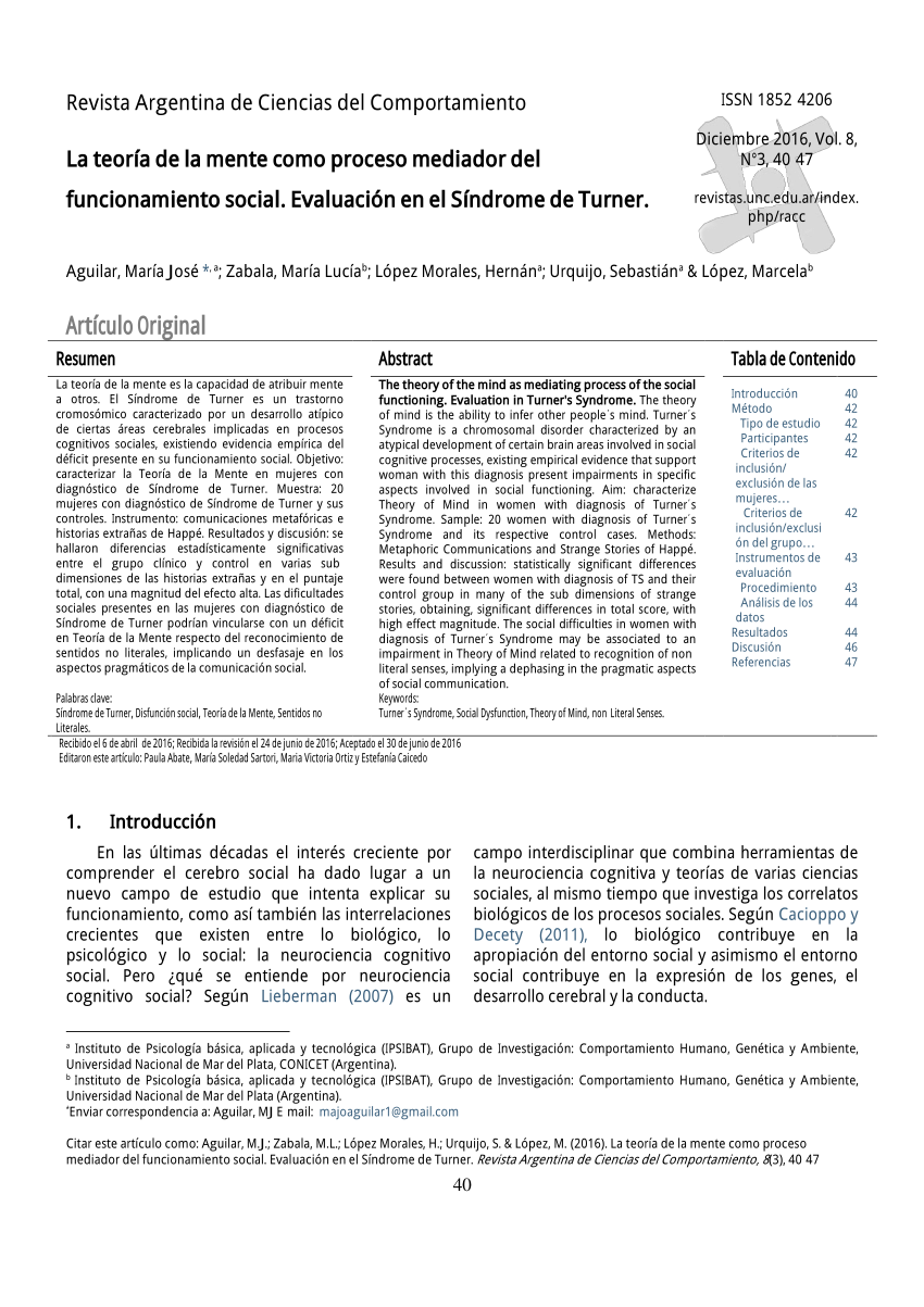 Pdf La Teoria De La Mente Como Proceso Mediador Del Funcionamiento Social Evaluacion En El Sindrome De Turner