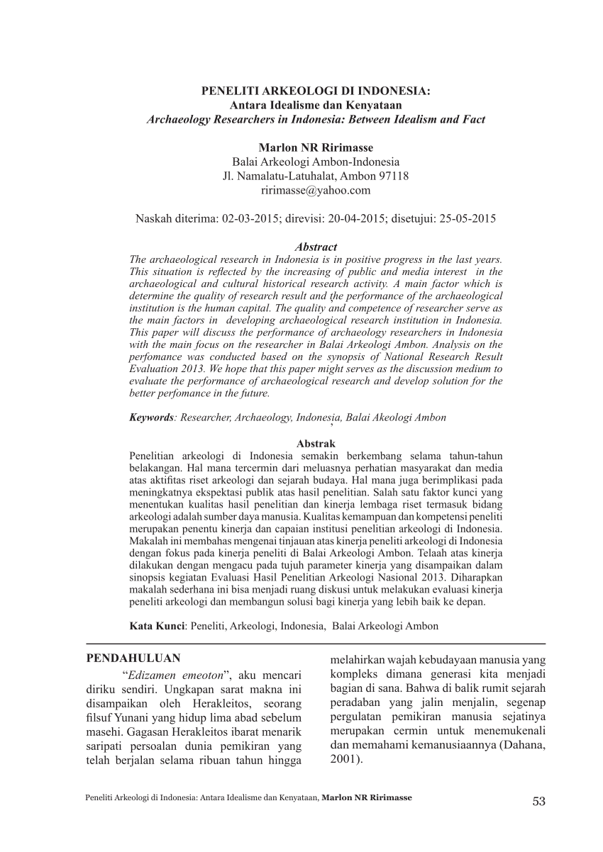 Pdf Peneliti Arkeologi Di Indonesia Antara Idealisme Dan Kenyataan