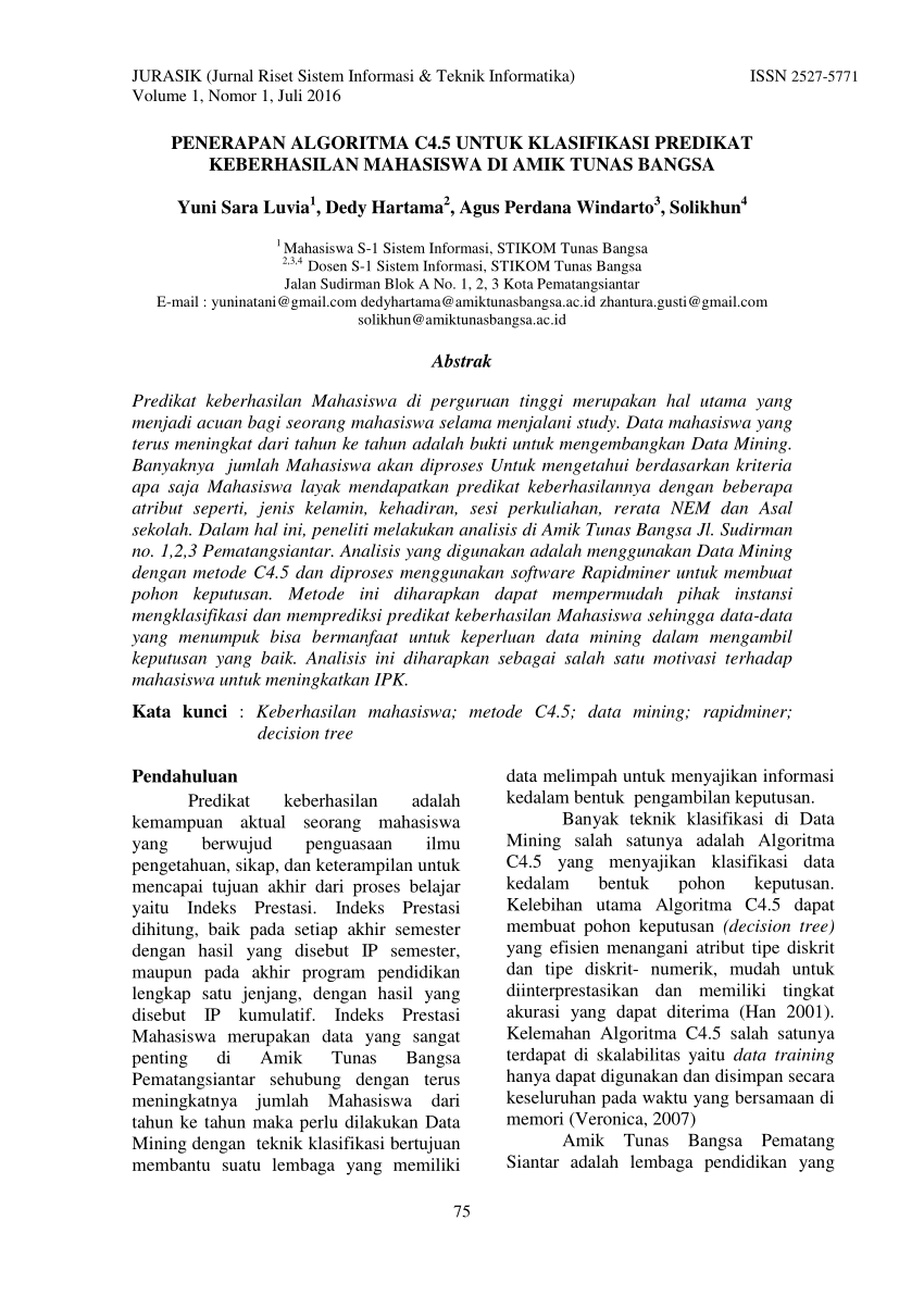 Pdf Penerapan Algoritma C4 5 Untuk Klasifikasi Predikat