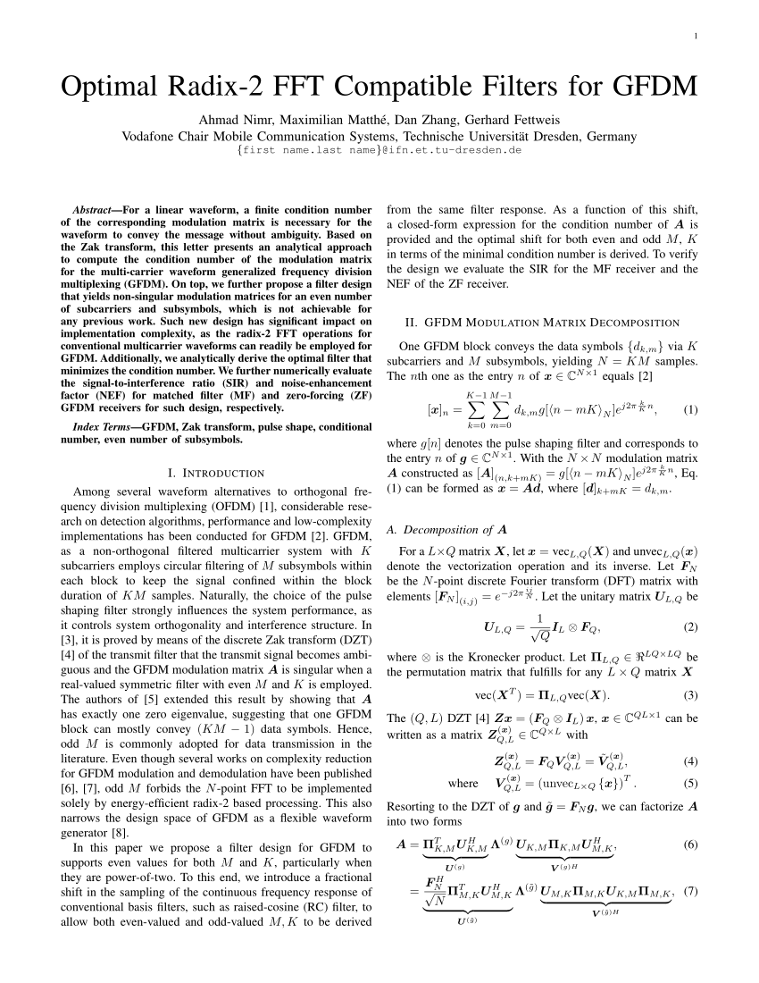Pdf Optimal Radix 2 Fft Compatible Filters For Gfdm