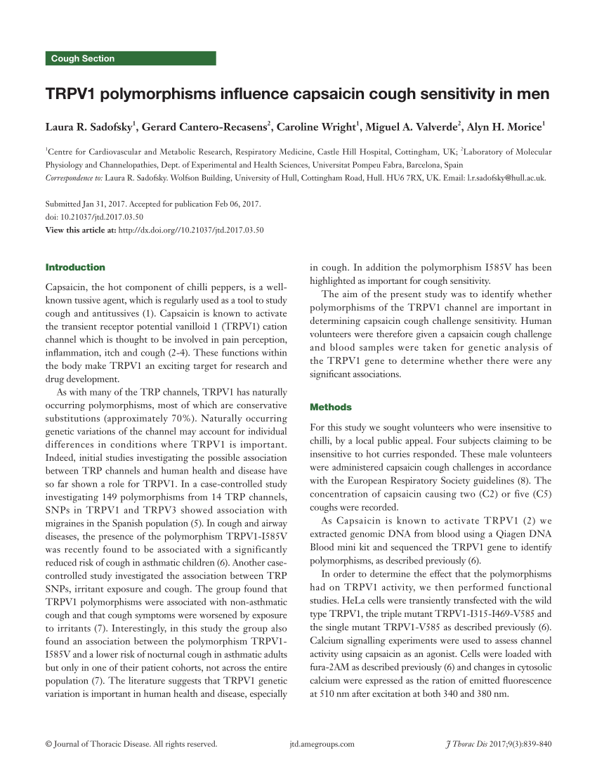 (PDF) TRPV1 polymorphisms influence capsaicin cough sensitivity in men