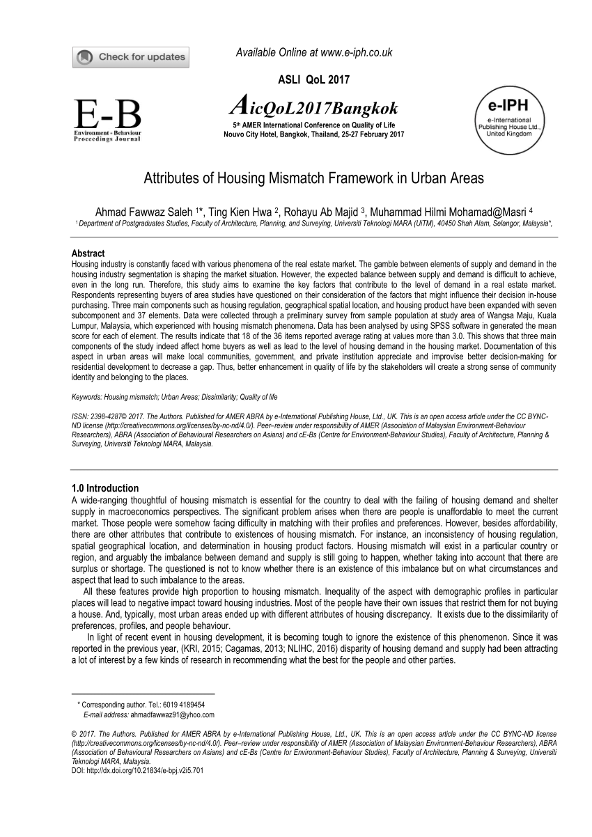 Pdf Attributes Of Housing Mismatch Framework In Urban Areas