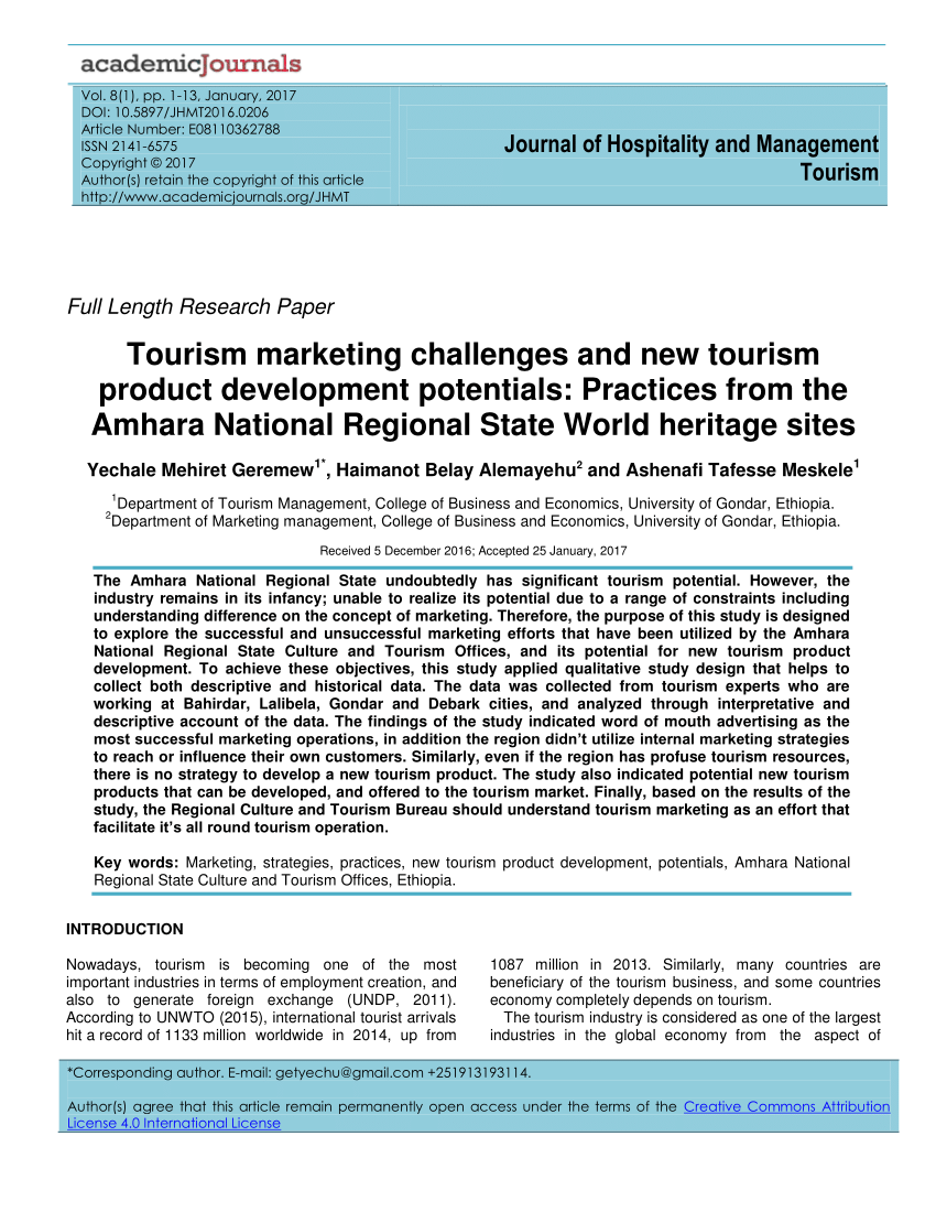 Pdf Tourism Marketing Challenges And New Tourism Product Development Potentials Practices From The Amhara National Regional State World Heritage Sites