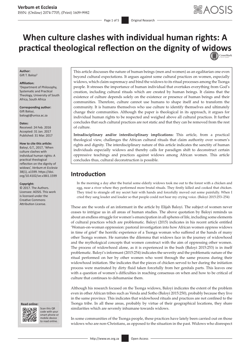 Pdf When Culture Clashes With Individual Human Rights A Practical Theological Reflection On The Dignity Of Widows