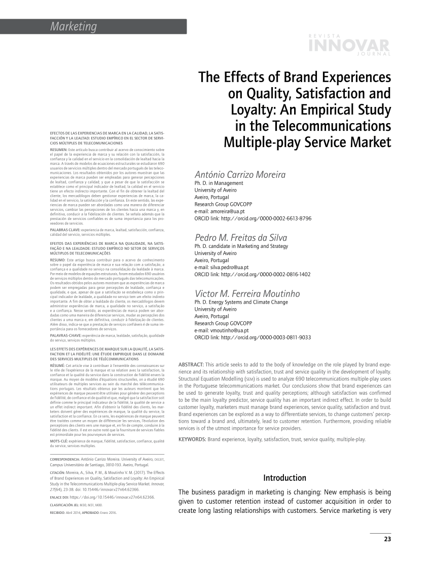 PDF) The Effects of Brand Experiences on Quality, Satisfaction and 