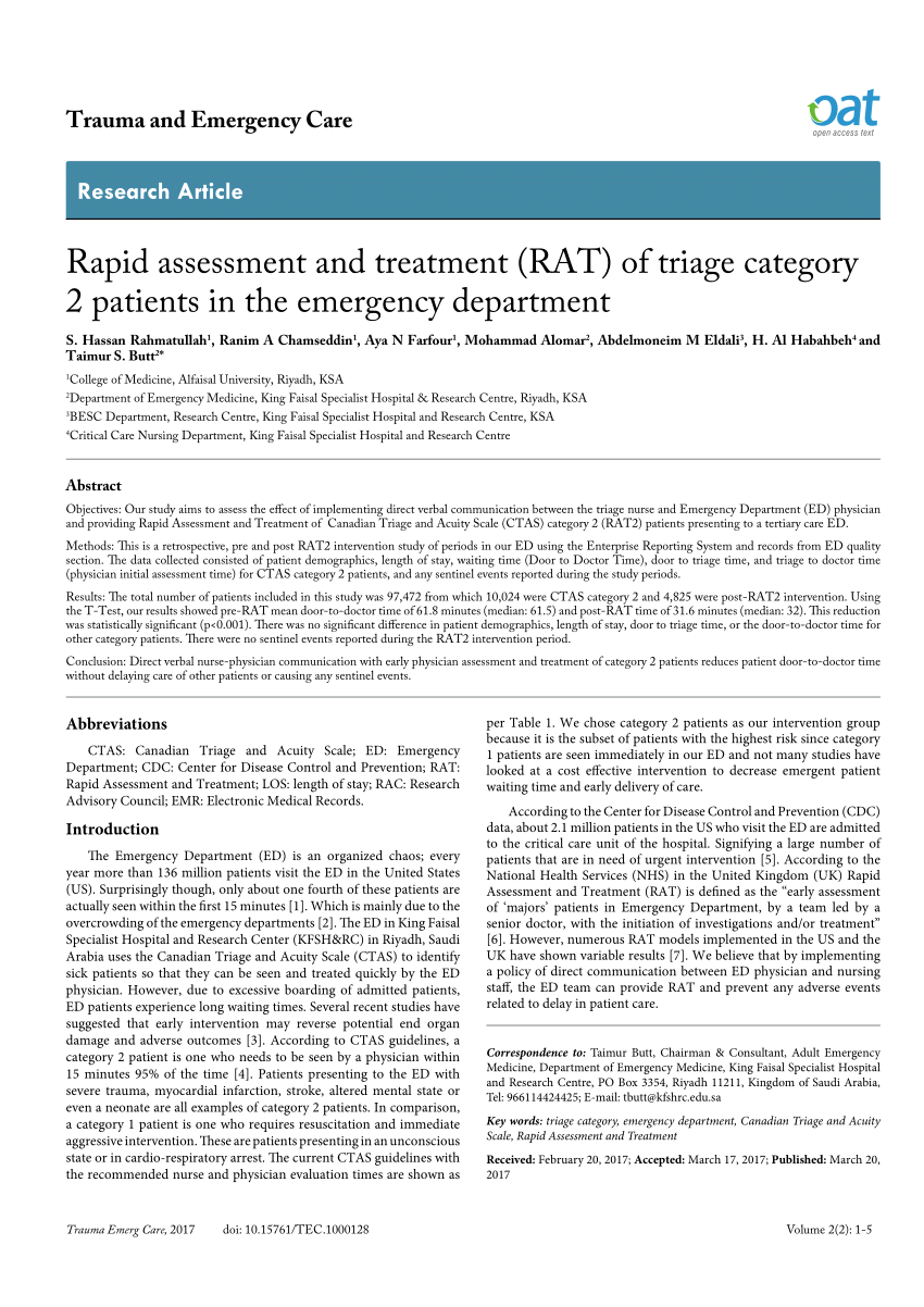 Pdf Rapid Assessment And Treatment Rat Of Triage Category