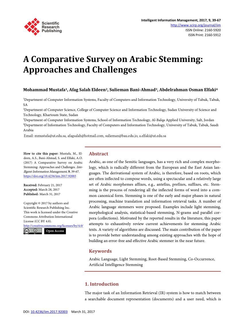 Pdf A Comparative Survey On Arabic Stemming Approaches And Challenges
