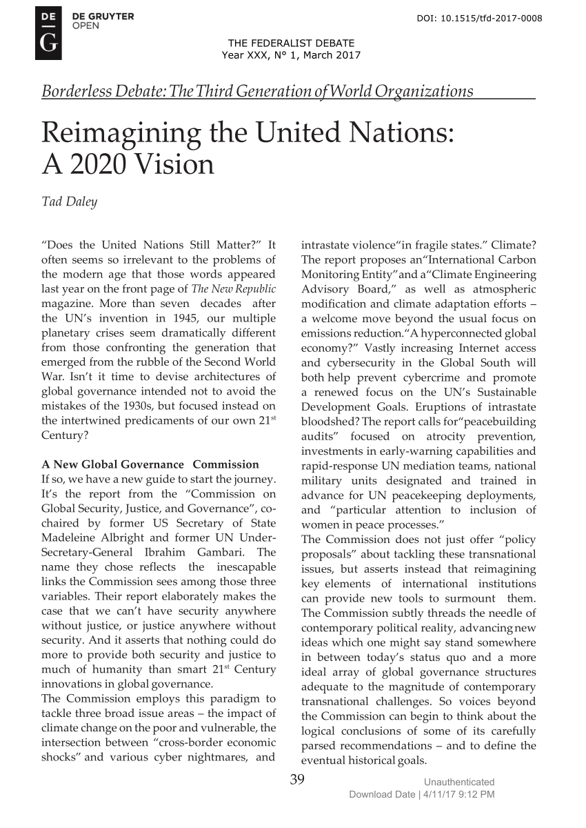Pdf Reimagining The United Nations A 2020 Vision