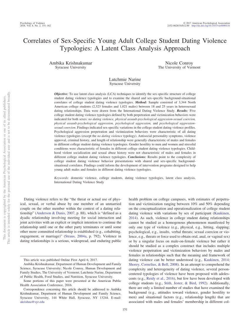 PDF) Correlates of Sex-Specific Young Adult College Student Dating Violence  Typologies: A Latent Class Analysis Approach