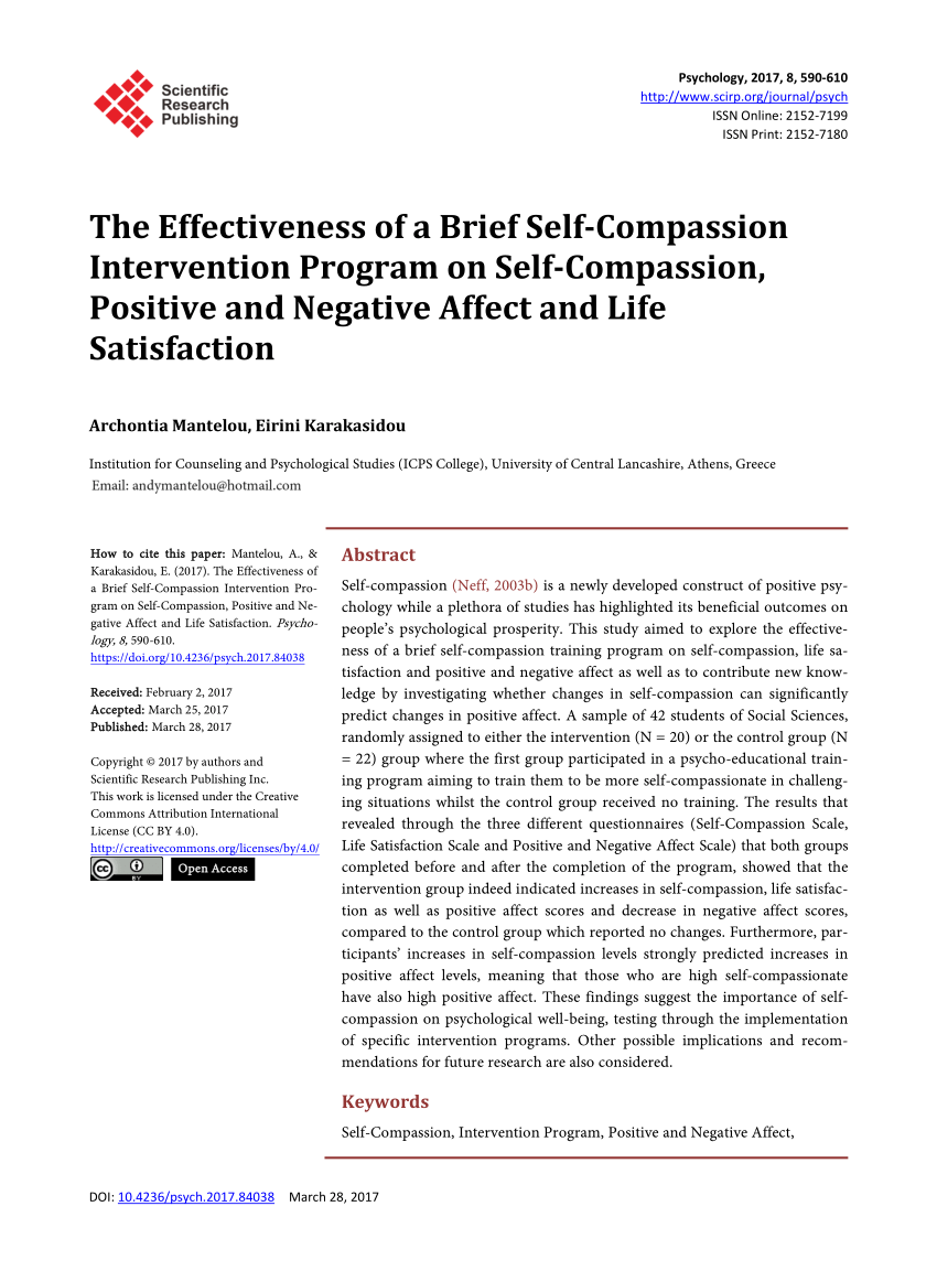 Pdf The Effectiveness Of A Brief Self Compassion Intervention