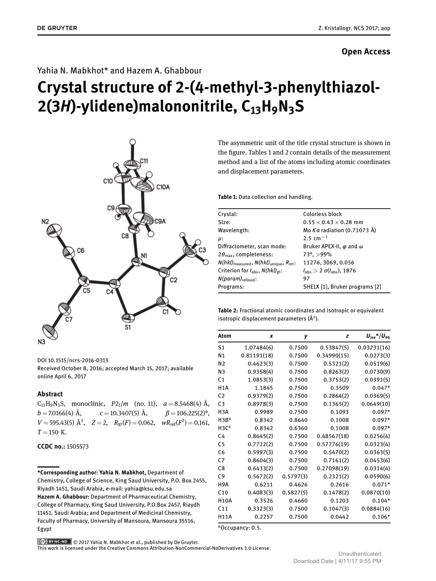 Pdf Crystal Structure Of 2 4 Methyl 3 Phenylthiazol 2 3h Ylidene Malononitrile C13h9n3s